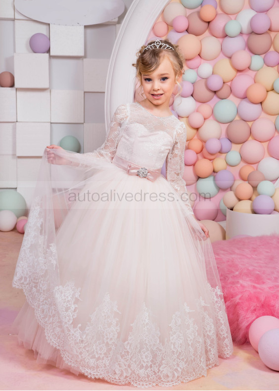 Ivory And Blush Pink Lace Tulle V Back Beaded Flower Girl Dress Ivory And Blush Pink Lace Tulle V Back Beaded Flower Girl Dress